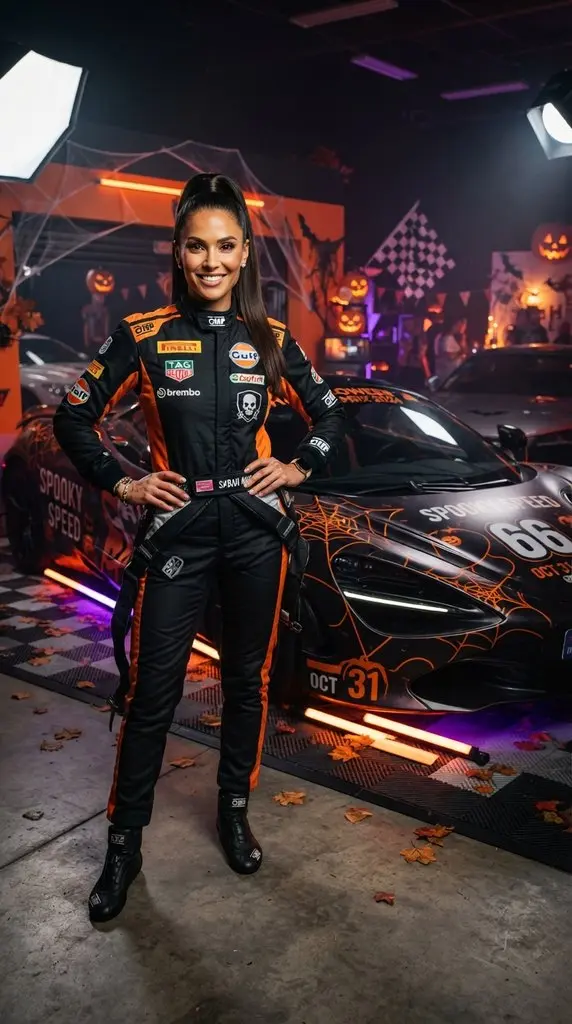 Woman posing beside sports car 202609071014