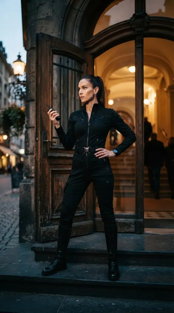 Woman posing in black jumpsuit 202609071015