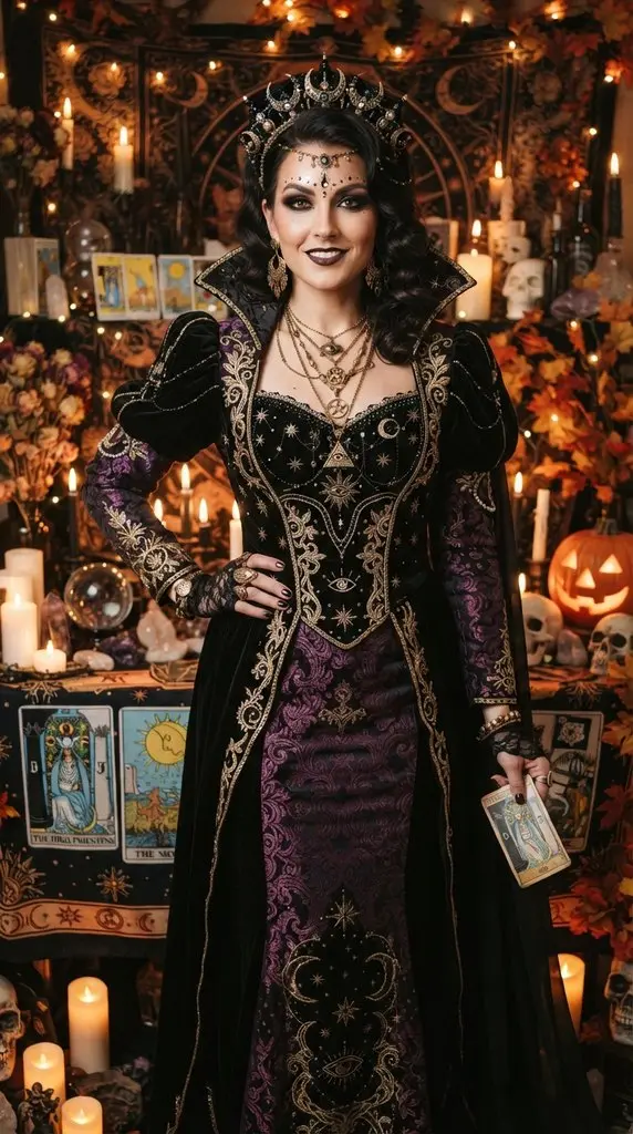 Woman posing with tarot decor 202609071015