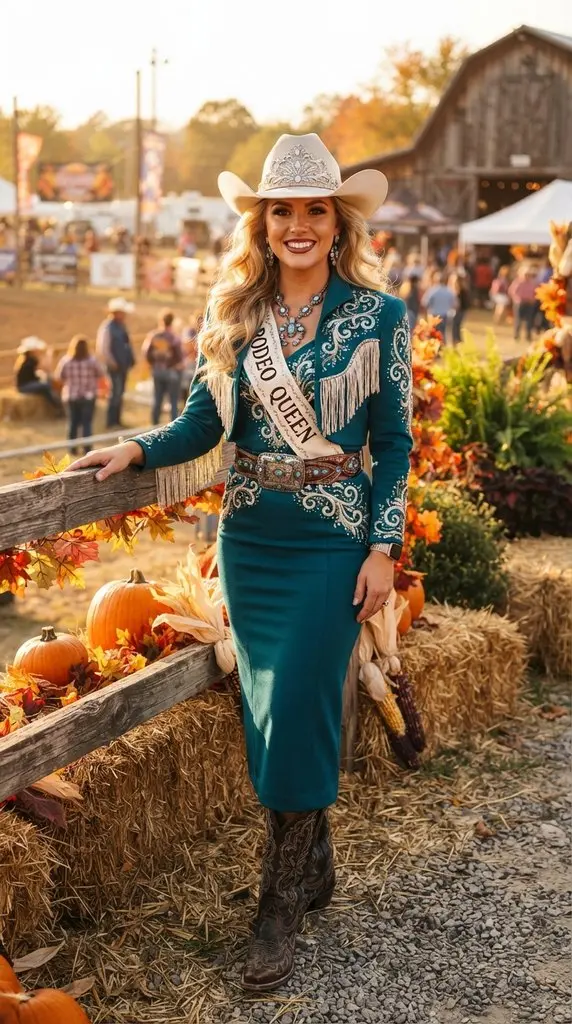 Woman wearing rodeo queen costume 202609071015