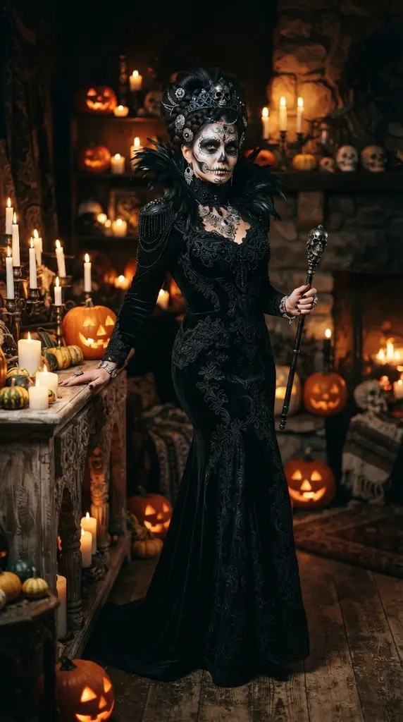 Woman wearing skull queen costume 202609071014